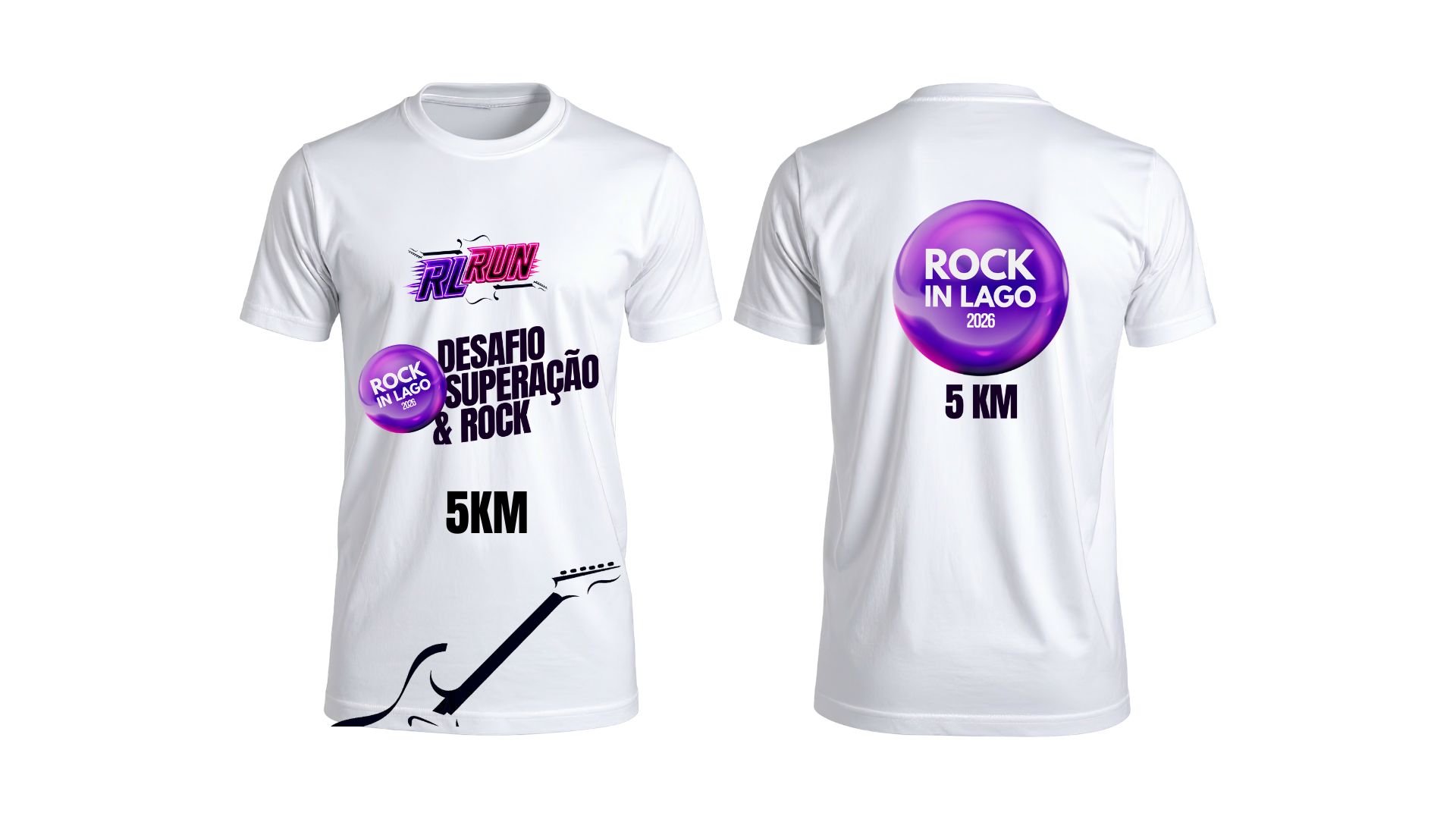 Camiseta oficial Rock In Lago Run 2026 — modelo 5 km (branca), frente e costas